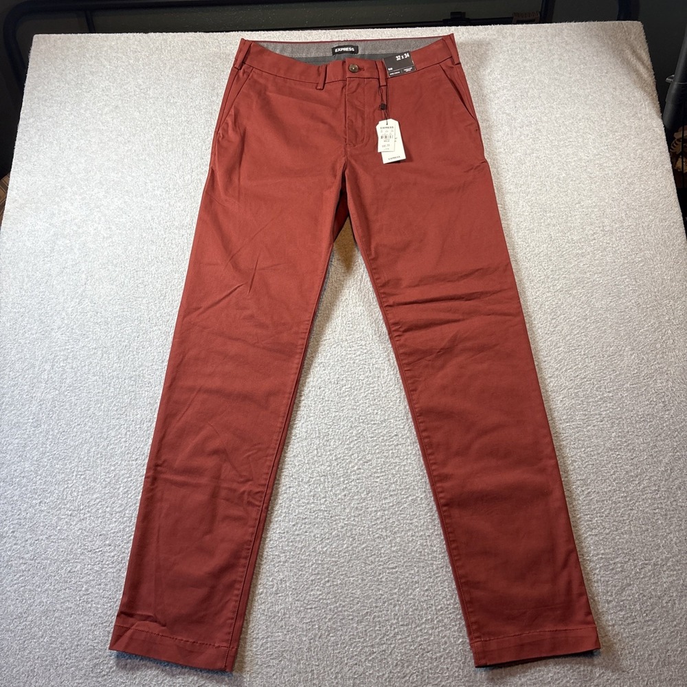 NEW Express Chino Pants Mens 32x34 Red Slim Hyper Stretch Temperature Control